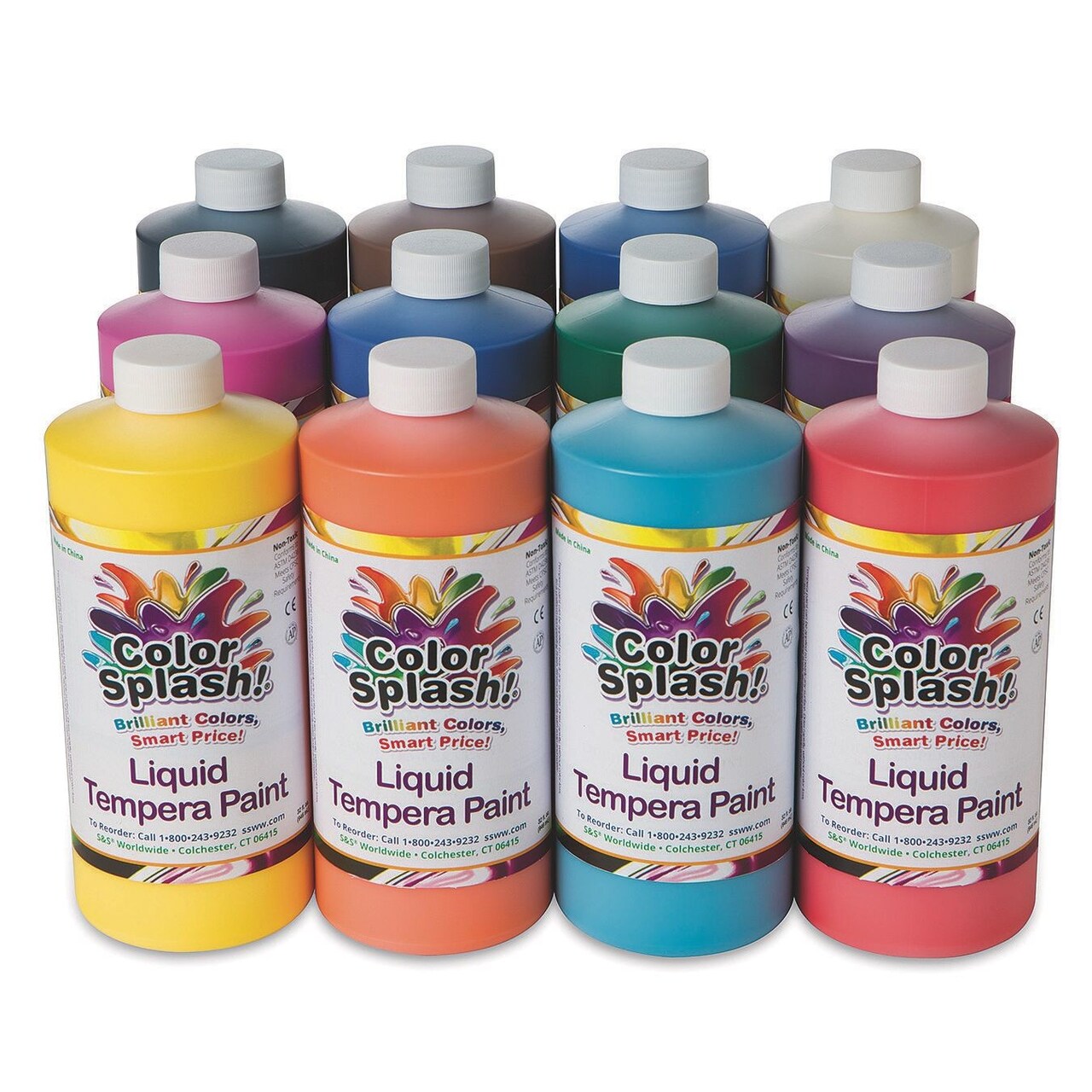 S&S Worldwide Color Splash! Liquid Tempera Bulk Paint, Set of 12 in 11 Bright Colors, 32-oz Easy-Pour Bottles, Great for Arts & Crafts, School, Classroom, Poster Paint, For Kids & Adults, Non-Toxic.